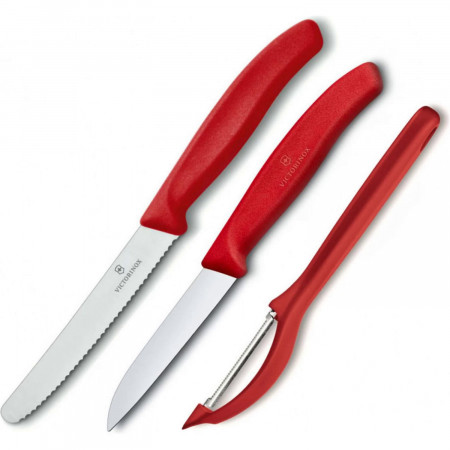 Набор из 3 ножей для овощей VICTORINOX: нож 8 см, нож 11 см, овощечистка, красная рукоять 6.7111.31