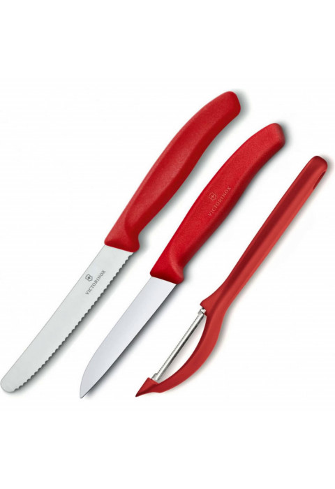 Набор из 3 ножей для овощей VICTORINOX: нож 8 см, нож 11 см, овощечистка, красная рукоять 6.7111.31
